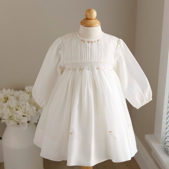 Long Sleeve Off-White/Ivory Smocked Dress Sarah Louise 18 Month GORGEOUS